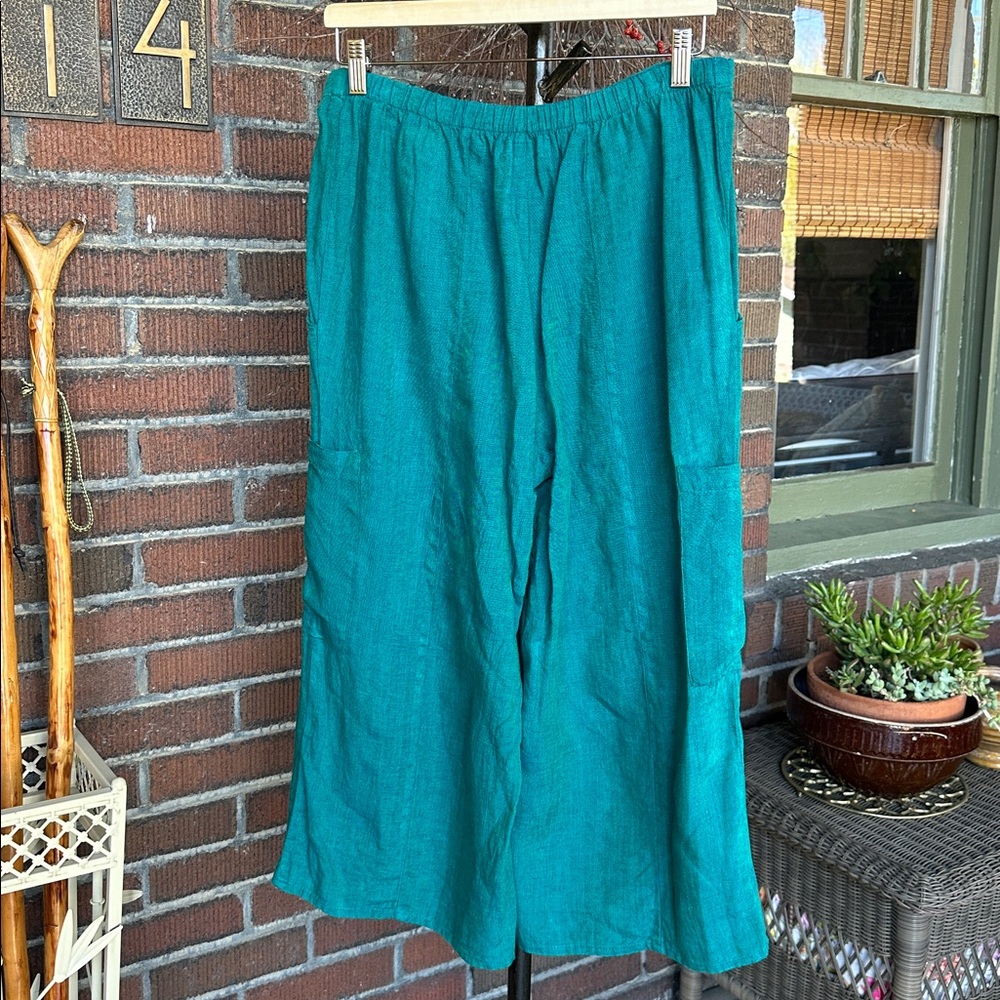 Flax teal green linen Lagenlook 2pc pants tunic/jacket. Size Small - Picture 8 of 13